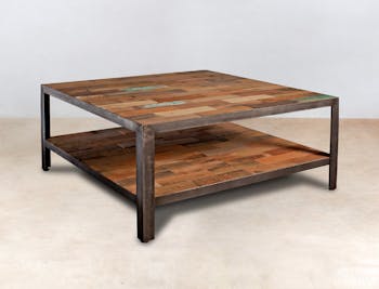Table basse carrée double plateaux bois recyclé 80x80x35cm CARAVELLE