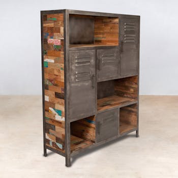 Bibliothèque bois recyclé 4 niches et 4 portes métalliques 125x40x160cm CARAVELLE