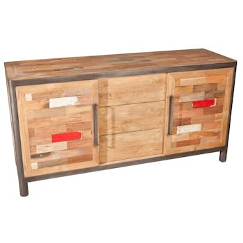 Buffet bois recyclé 2 portes coulissantes 3 tiroirs 160x50x81cm CARAVELLE