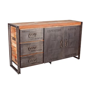 Buffet bois recyclé 2 portes 3 tiroirs 160x45x90cm CARAVELLE