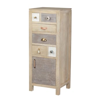 Colonne / Chiffonnier 6 tiroirs 1 porte, manguier en patchwork de couleurs 43x37x108cm EVASION
