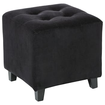 Pouf carré capitonné tissu velours noir et pieds bois 35x35xH35cm