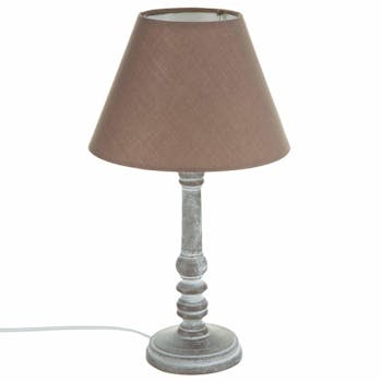 Lampe pied tourné bois patiné gris base ronde et abat-jour coton taupe D20xH36cm