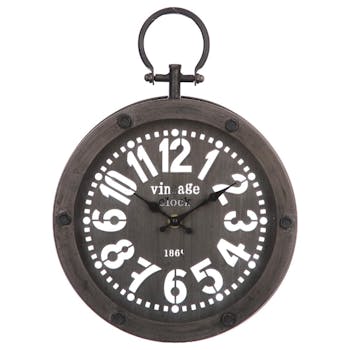 Horloge ronde forme montre gousset avec contour et cadran en métal noir 24,5x33,5x4,5cm