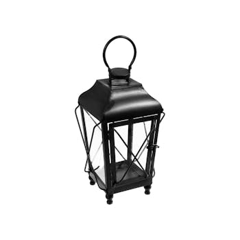 Lanterne forme trapèze en métal et fil métal noir et verre à suspendre par crochet 22x22xH50cm