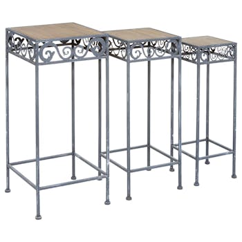 Sellette pour plante métal bois motif frise forme carrée (lot de 3)