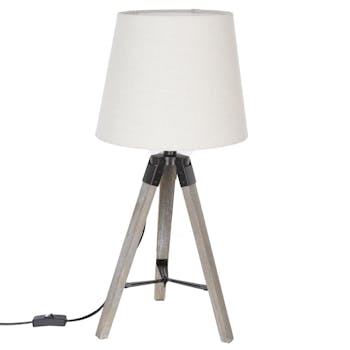Lampe en bois grisé forme trépied et abat-jour coton couleur lin D28xH58cm