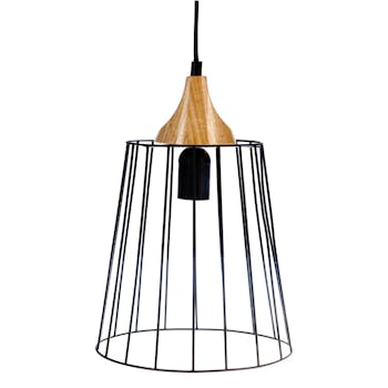 Suspension en métal fil noir forme cylindre et base bois D23xH32cm