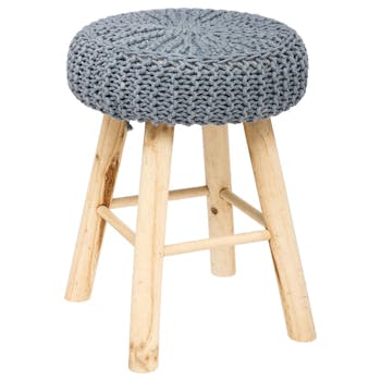 Tabouret / Pouf assise en maille coton gris et pieds bois D30xH41cm