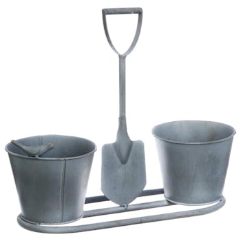 Cache-pot double décor oiseau et pelle de jardin en métal gris D13xL33cm