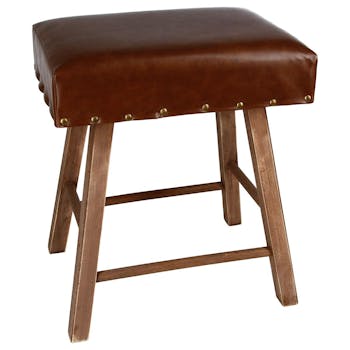Tabouret Pouf clouté marron vintage et pieds bois 40x30x44cm