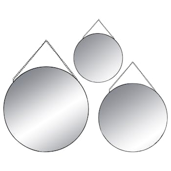 Lot de 3 miroirs rond cerclés métal noir de différentes tailles D29cm