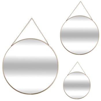Lot de 3 miroirs rond cerclés métal doré de différentes tailles D29cm