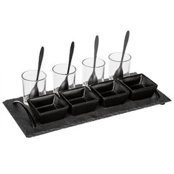 Set apéritif 13 pièces planche ardoise 4 verrines 4 coupelles 4 cuillères 15x33xH7cm