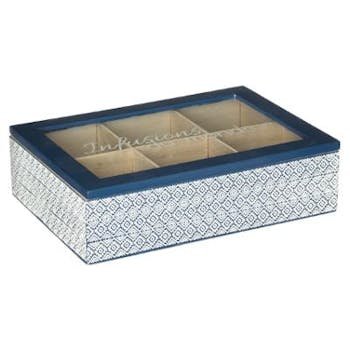 Boite à thé compartimentée style japonais en bois blanc et bleu 24x17xH6cm