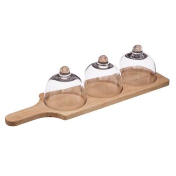 Set 4 pièces planche en pin et 3 cloches en verre 45x13xH13cm