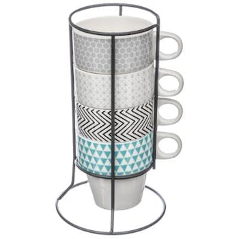 Rack de 4 tasses à anses en porcelaine 4 coloris assortis tons bleu gris noir H21cm