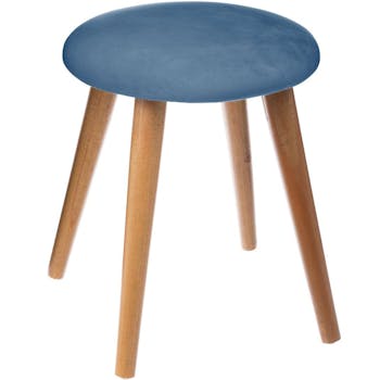 Tabouret assise tissu velours couleur bleu nuit et pieds bois D32xH40cm