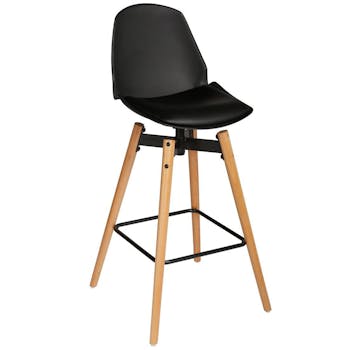 Chaise de Bar assise en PU noir et pieds bois naturel avec support pieds 50x50xH104,5cm