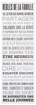 Plaque message "Les Règles de la Famille" toile imprimée sur bois coloris blanc 30x90cm