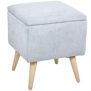 Pouf coffre en velours gris clair et pieds bois naturel 39x39x46cm