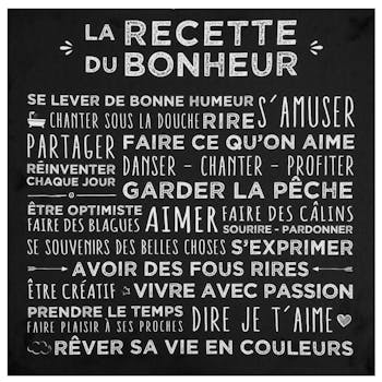 Plaque message sur toile imprimé "Recette du Bonheur" coloris noir 38x38cm