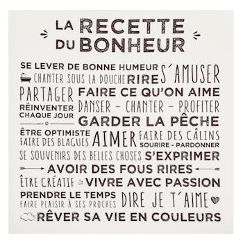 Plaque message sur toile imprimé "Recette du Bonheur" coloris blanc 38x38cm