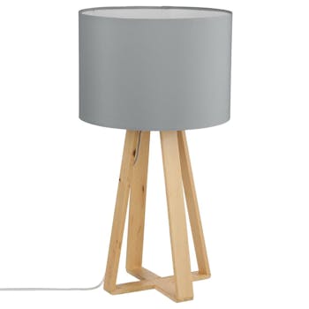 Lampe pieds bois naturel style scandinave et abat-jour gris H47,5cm