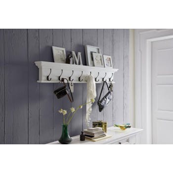 Etagère porte manteaux moderne bois blanc 8 patères acajou 130x20x10cm ROYAN