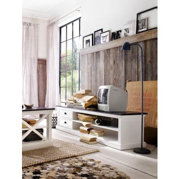 Meuble TV en bois blanc plateau noir 2 tiroirs 180x45cm acajou ROYAN
