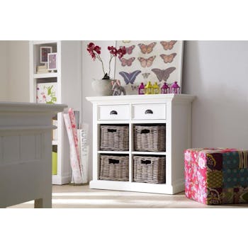 Buffet moderne bois blanc 2 tiroirs acajou 4 paniers rotin 90x85cm ROYAN