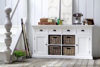 Buffet en bois blanc 4 tiroirs 4 portes acajou et 4 paniers en rotin 160x50cm ROYAN