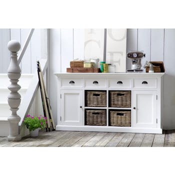 Buffet en bois blanc 4 tiroirs 4 portes acajou et 4 paniers en rotin 160x50cm ROYAN