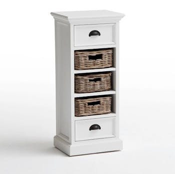 Chiffonnier blanc bois d'acajou 3 paniers rotin ROYAN