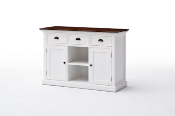 Buffet blanc avec plateau acajou 3 tiroirs 2 portes 2 casiers 125x85cm ROYAN