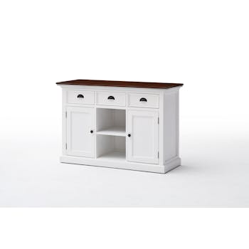 Buffet blanc avec plateau acajou 3 tiroirs 2 portes 2 casiers 125x85cm ROYAN
