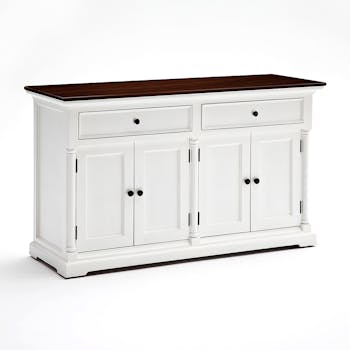 Buffet enfilade bois blanc plateau acajou 2 tiroirs 4 portes145x85cm ROYAN