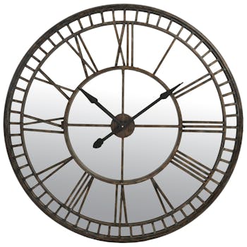 Horloge miroir XXL D107cm Style Vintage avec chiffres romains en métal et verre - Coloris Marron