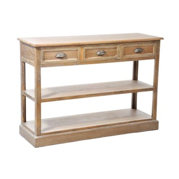 Console bois naturel patiné grisé blanchi 3 tiroirs 1 étagère et 1 niveau bas L120xP40xH84cm PAOLIA