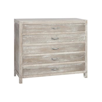Commode bois naturel patiné grisé blanchi 5 tiroirs L100xP40xH80cm PAOLIA