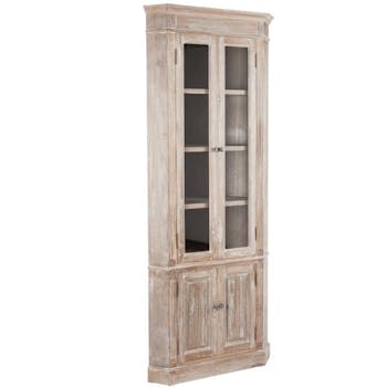 Encoignure bois naturel patiné grisé blanchi, 2 portes vitrées et 2 portes pleines L61xP61xH193cm PAOLIA