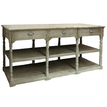 Console triple bois naturel patiné grisé blanchi 3 tiroirs, 2 niveaux bas L180xP50xH85cm PAOLIA