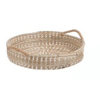 Plateau rond avec 2 anses en rotin naturel et blanc D40xH8cm