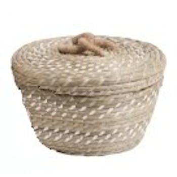 Panier rond évasé en rotin naturel et blanc avec anse corde D22xH14cm