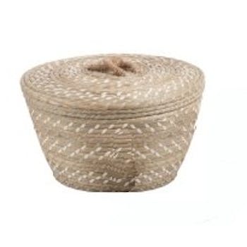 Panier rond évasé en rotin naturel et blanc avec anse corde D28xH18cm