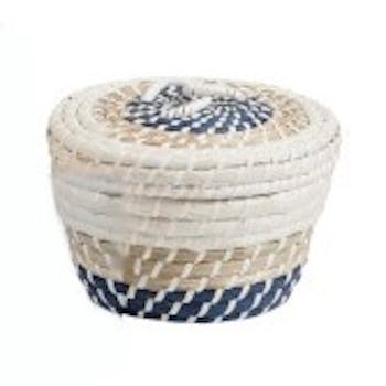 Panier rond avec couvercle en rotin naturel blanc et bleu D22xH14cm
