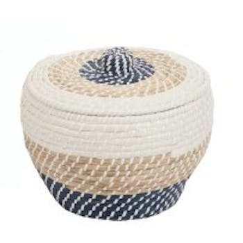 Panier rond avec couvercle en rotin naturel blanc et bleu D39xH29cm