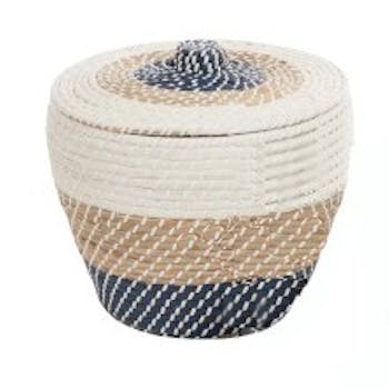 Panier rond avec couvercle en rotin naturel blanc et bleu D46xH37cm