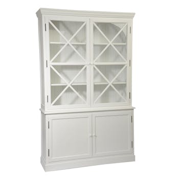 Bibliothèque vaisselier bois blanc 4 portes dont 2 vitrées 136x41x216cm