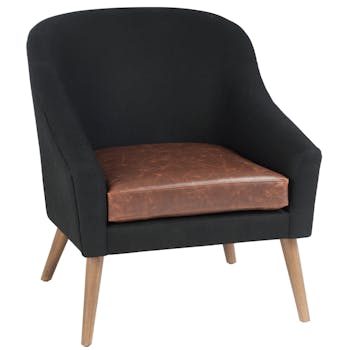 Fauteuil club PU noir, assise cognac, H84cm